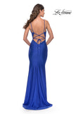 Picture of: Bedazzled Rhinestone Jersey Gown with Deep V Neckline in Royal Blue, Style: 31215, Back Picture