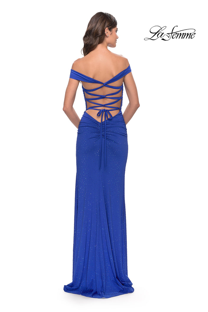 Picture of: Rhinestone Off the Shoulder Dress with Lace Up Back in Royal Blue, Style: 31276, Back Picture