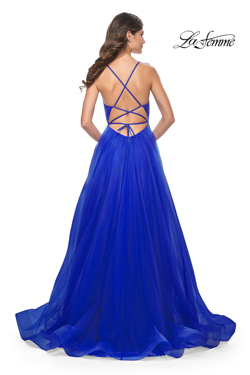 Picture of: A-Line Prom Dress with Illusion Ruched Bodice in Royal Blue, Style: 31457, Back Picture