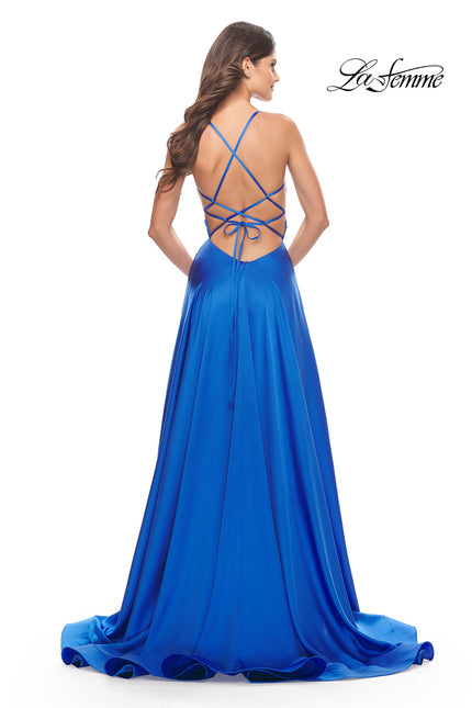 Picture of: Satin Gown with Sheer Rhinestone Bodice in Royal Blue, Style: 31592, Back Picture