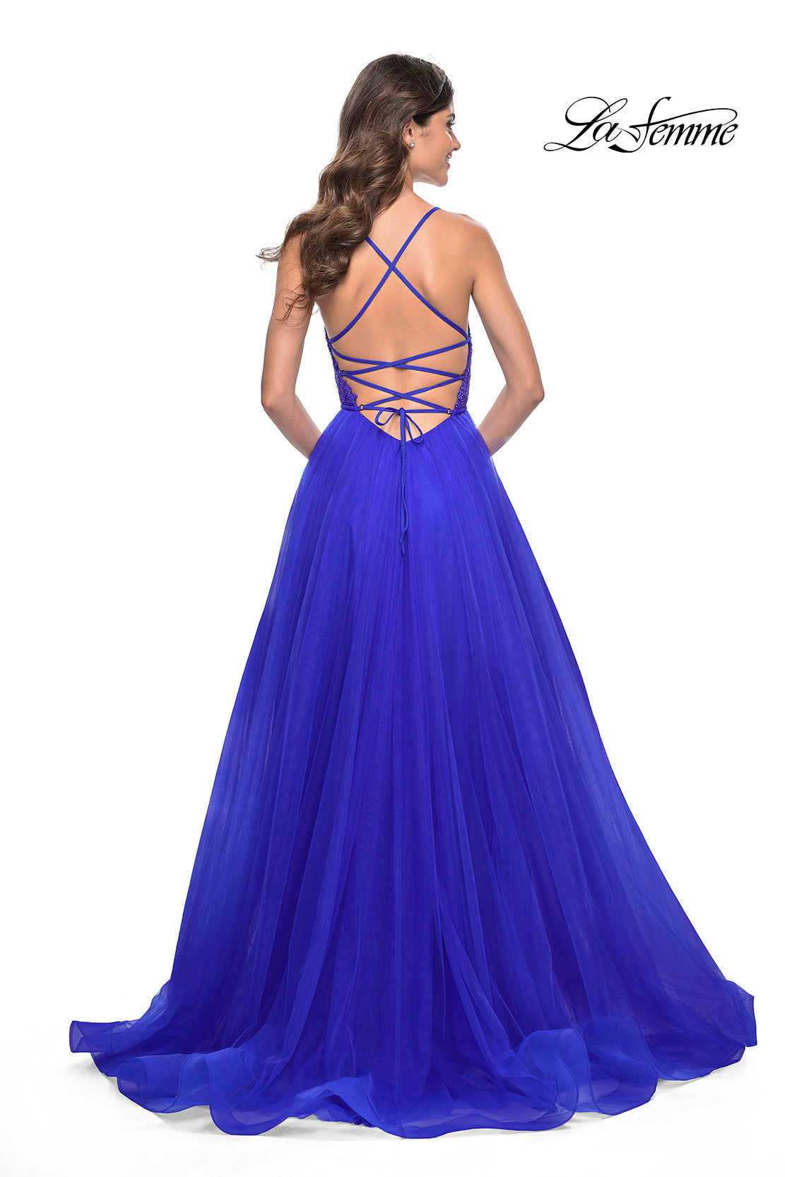 Picture of: Illusion Lace Bodice A-Line Tulle Prom Dress with Slit in Royal Blue, Style: 32059, Back Picture