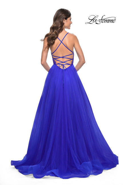 Picture of: Illusion Lace Bodice A-Line Tulle Prom Dress with Slit in Royal Blue, Style: 32059, Back Picture