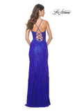 Picture of: Scallop Detail Lace Fitted Prom Dress with Illusion Bodice in Royal Blue, Style: 32080, Back Picture