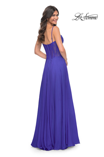 Picture of: Chiffon and Lace Gown with Bustier Top in Blue, Style: 32276, Back Picture