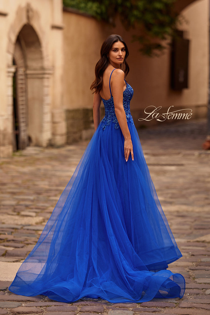 Picture of: Lace and Tulle A-line Prom Dress with High Slit in Royal Blue, Style 32646, Back Picture