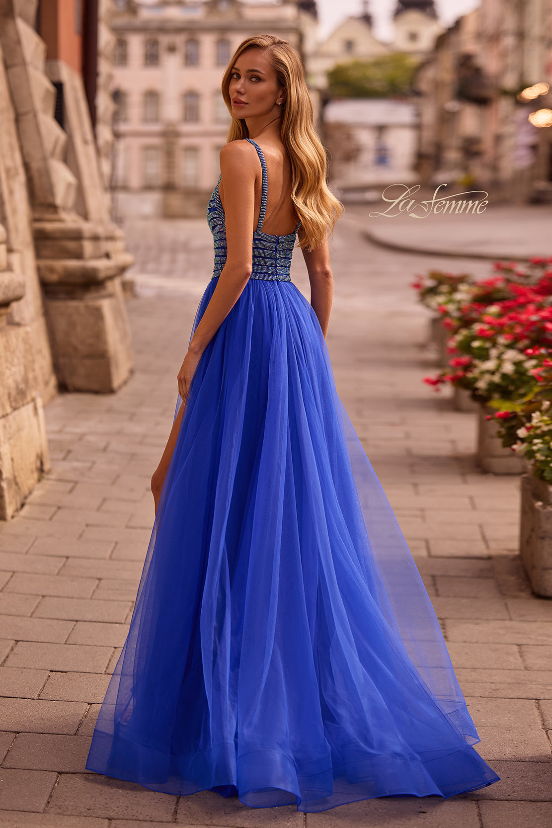 Picture of: Gorgeous Line Rhinestone Top Dress with A-line Tulle Skirt in Royal Blue, Style: 32714, Back Picture