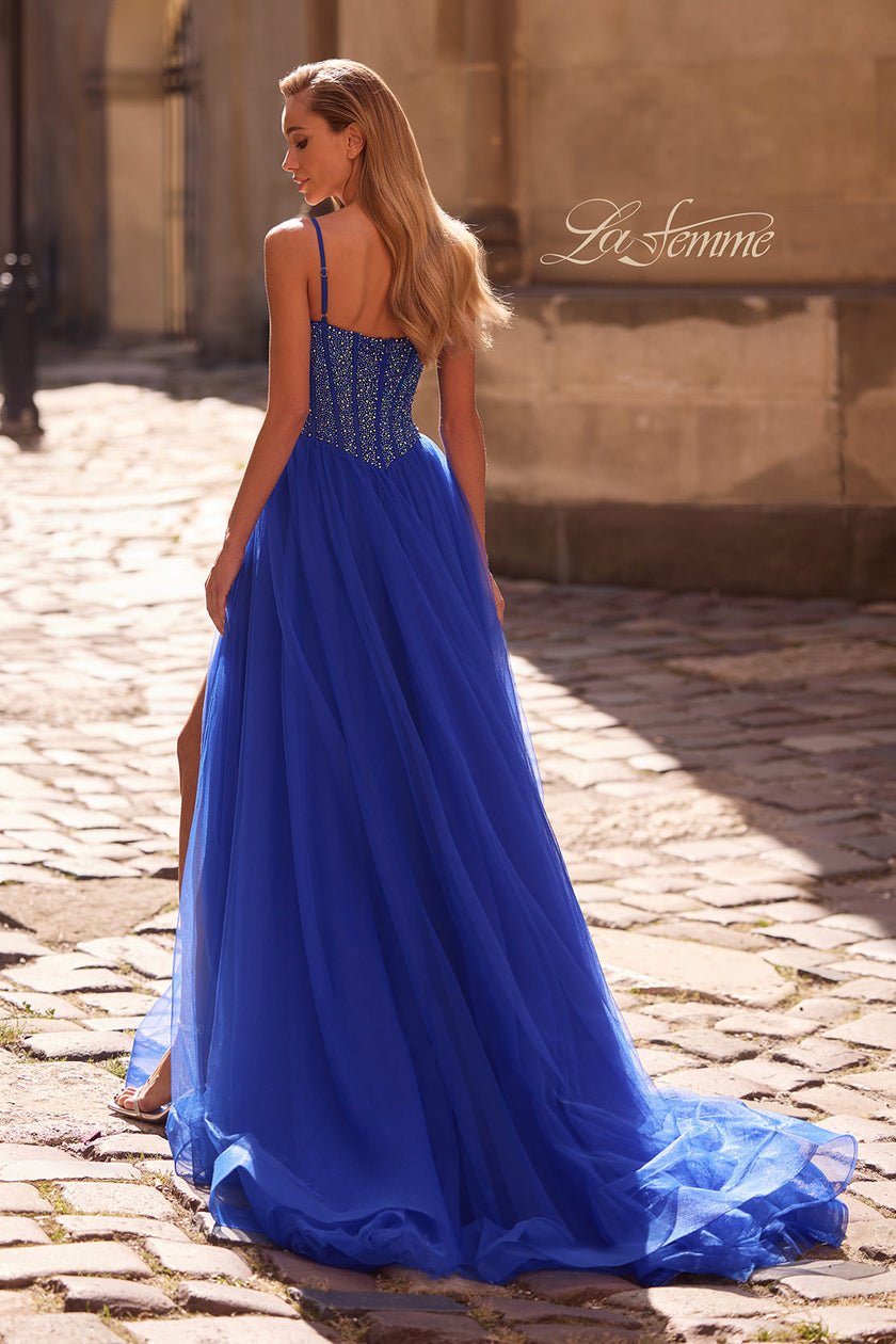 Picture of: Beautiful A-line Prom Dress with Rhinestone Encrusted Corset Top in Royal Blue, Style: 32754, Back Picture