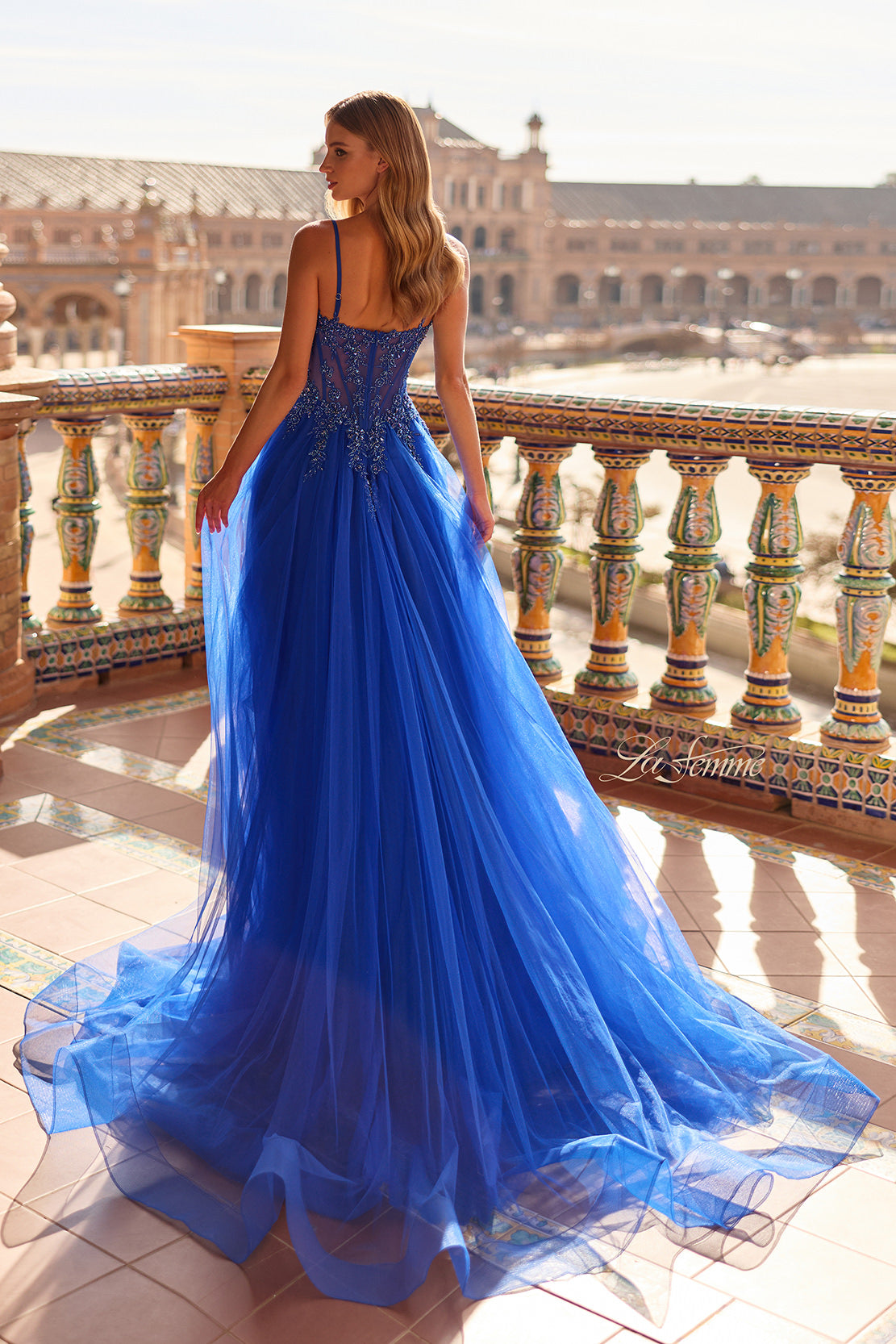 Picture of: Beaded Tulle A-Line Gown with Sheer Corset Bodice in Royal Blue, Style: 33702, Back Picture