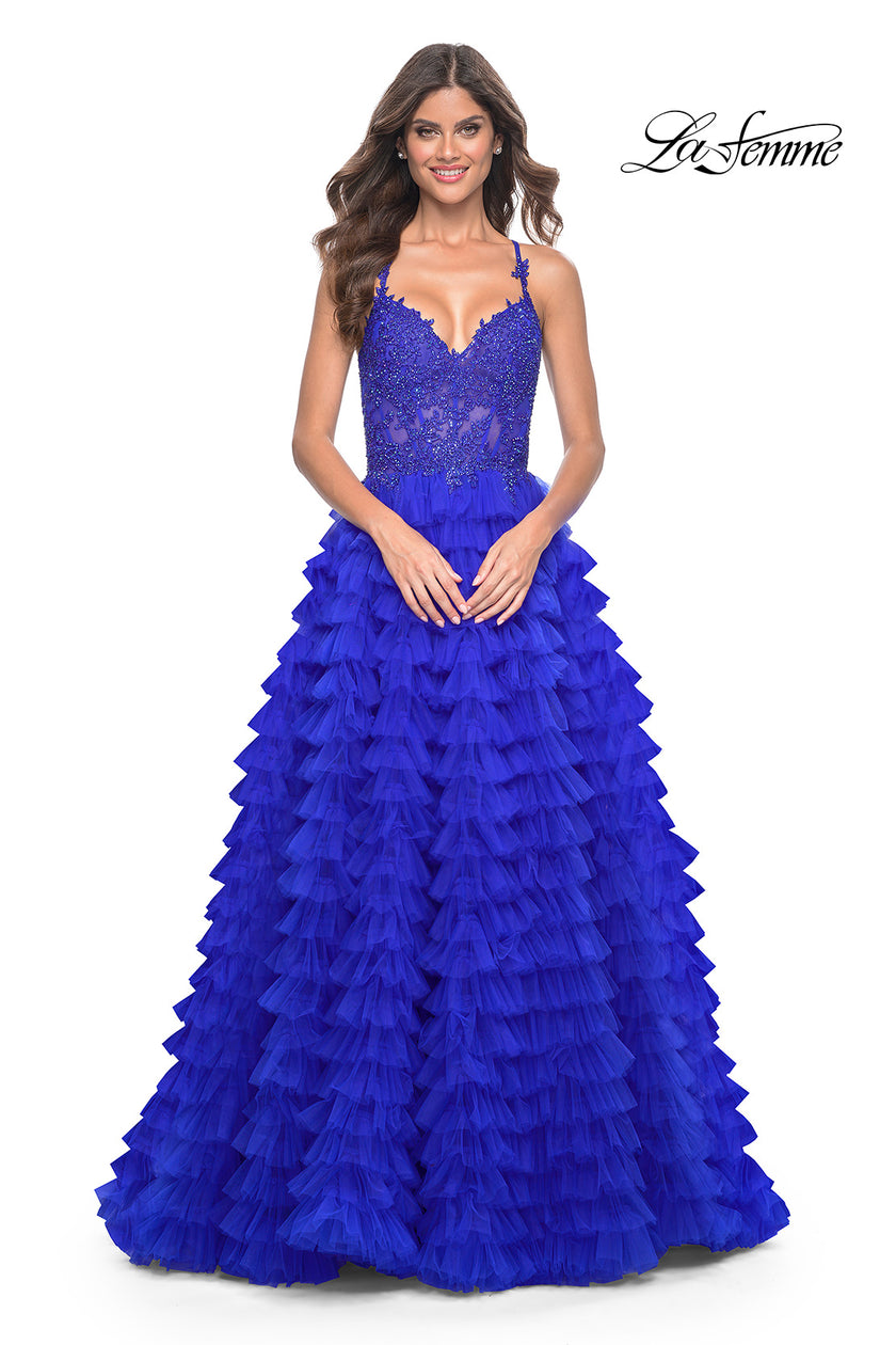 Picture of: Ruffle Tulle Prom Gown with Illusion Lace Bodice and High Slit in Royal Blue, Style: 32128, Detail Picture 19