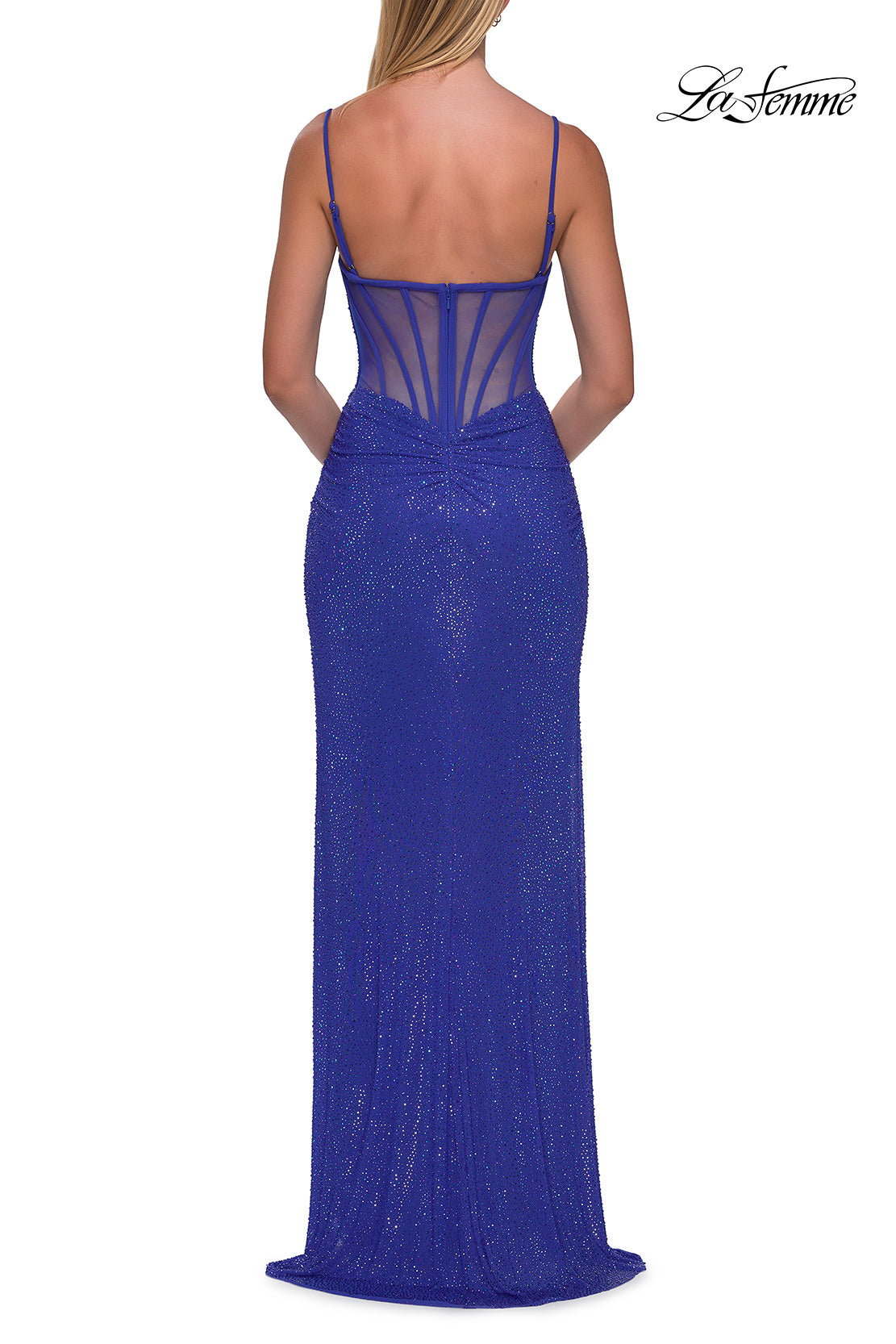 Picture of: Rhinestone Fitted Gown with Draped Bodice and Sheer Corset Back in Royal Blue, Style: 33343, Detail Picture 20