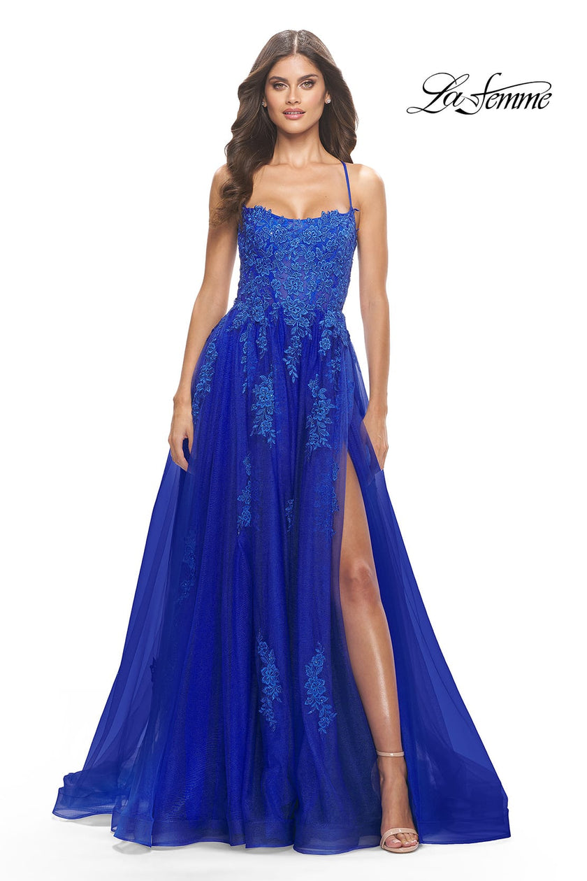 Picture of: A-line Tulle Gown with Floral Embroidery and Pockets in Royal Blue, Style: 31135, Detail Picture 1