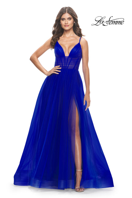Picture of: A-Line Tulle Gown with Illusion Bodice and Boning in Royal Blue, Style: 31147, Detail Picture 1