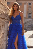 Picture of: Ruffle Tulle Prom Gown with Illusion Lace Bodice and High Slit in Royal Blue, Style: 32128, Detail Picture 1