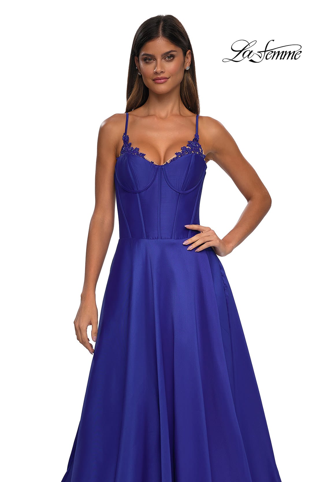 Picture of: Mikado A-line Gown with Lace Detail Neckline in Royal Blue, Style: 32878, Detail Picture 35