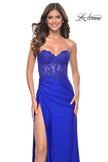 Picture of: Ruched Jersey Skirt with Lace Illusion Top and Rhinestone Prom Dress in Royal Blue, Style: 32011, Detail Picture 2