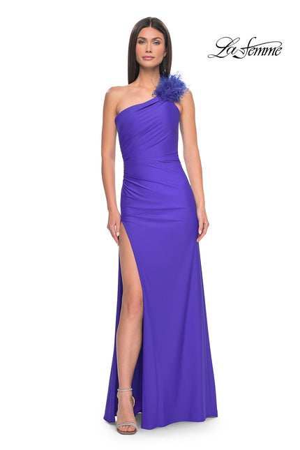 Picture of: One Shoulder Jersey Gown with Feather Detail in Royal Blue, Style: 32076, Detail Picture 2