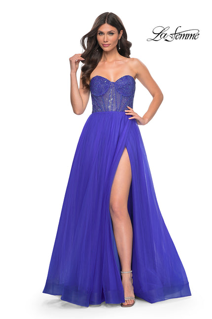 Picture of: A-Line Tulle Prom Dress with Rhinestone Fishnet Bodice in Blue, Style: 32216, Detail Picture 2