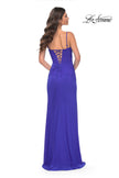 Picture of: Net Jersey Ruched Dress with Rhinestone Fishnet Detail on Bust in Blue, Style: 32219, Detail Picture 2