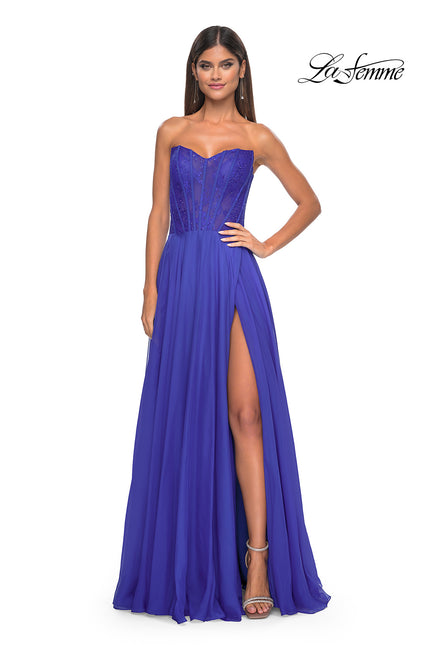 Picture of: Strapless Chiffon Prom Gown with Lace Illusion Bodice in Royal Blue, Style: 32311, Detail Picture 2