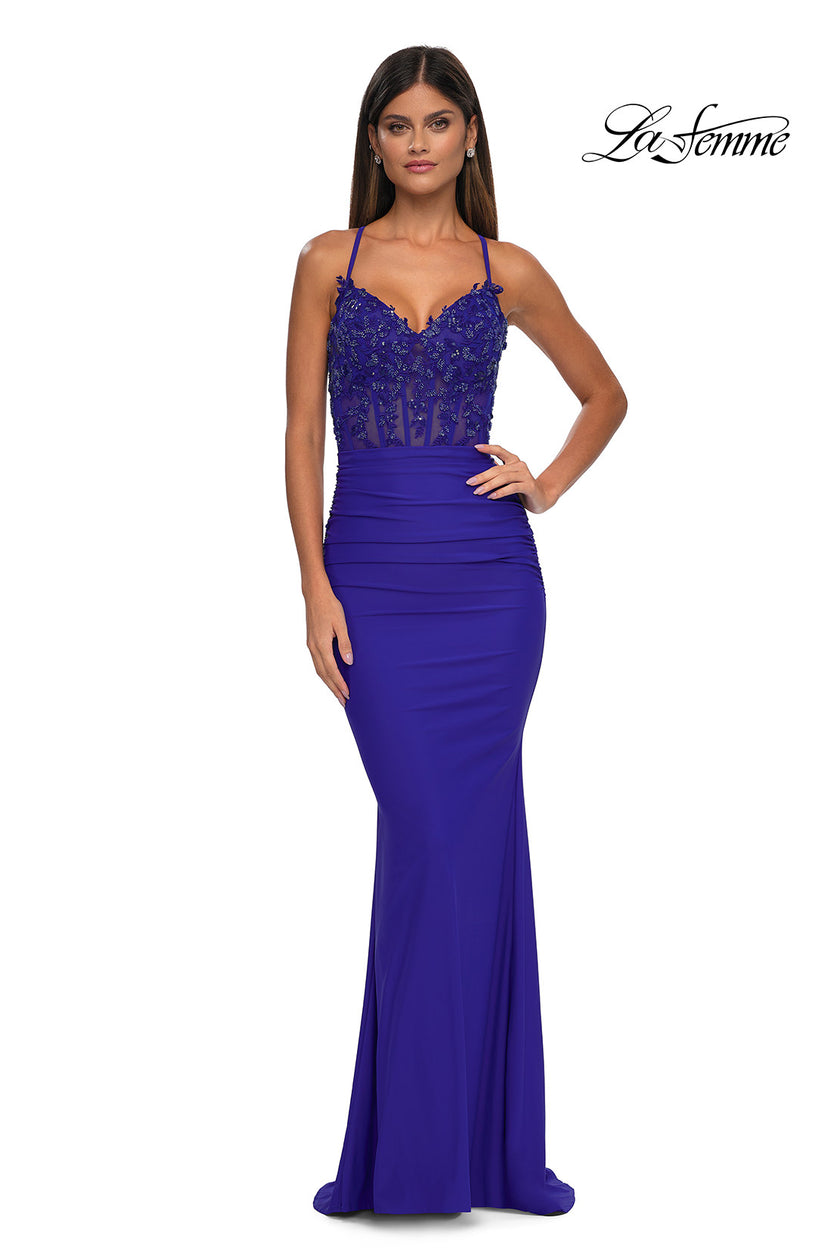 Picture of: Lovely Ruched Jersey Dress with Sequin Lace Beaded Bodice in Royal Blue, Style: 32920, Detail Picture 2