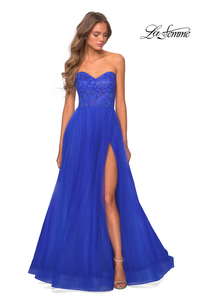 Picture of: Strapless Tulle Dress with Lace Rhinestone Bodice in Royal Blue, Style: 28487, Detail Picture 3