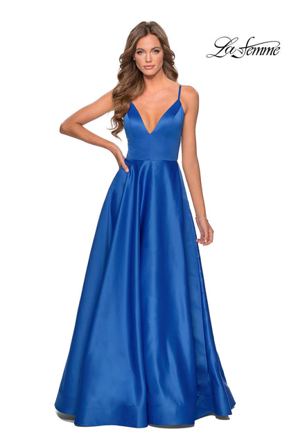 Picture of: V-Neck Satin Prom Dress with Lace Up Back in Royal Blue, Style: 28628, Detail Picture 3