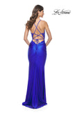 Picture of: Beaded Illusion Top with Ruched Jersey Skirt Prom Dress in Royal Blue, Style: 31920, Detail Picture 3