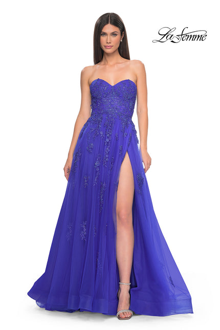 Picture of: Lace Up A-Line Dress with Ruched Bodice and Sweetheart Top in Royal Blue, Style: 32084, Detail Picture 3