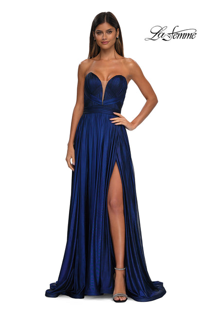 Picture of: Flowy Metallic Net Jersey Prom Dress with Intricate Ruched Bodice in Royal Blue, Style: 32899, Detail Picture 3