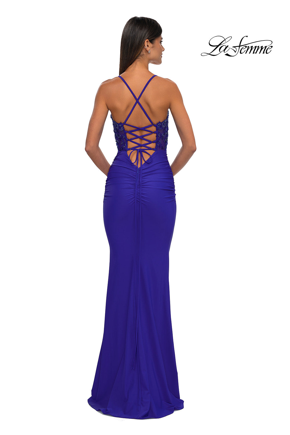 Picture of: Lovely Ruched Jersey Dress with Sequin Lace Beaded Bodice in Royal Blue, Style: 32920, Detail Picture 3