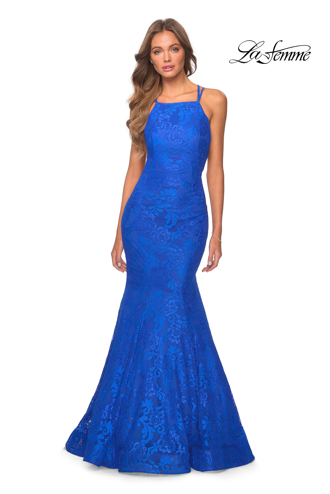 Picture of: Lace Prom Dress with Rhinestones and Strappy Back in Royal Blue, Style 28140, Detail Picture 4