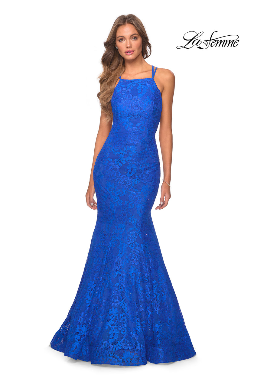 Picture of: Lace Prom Dress with Rhinestones and Strappy Back in Royal Blue, Style 28140, Detail Picture 4