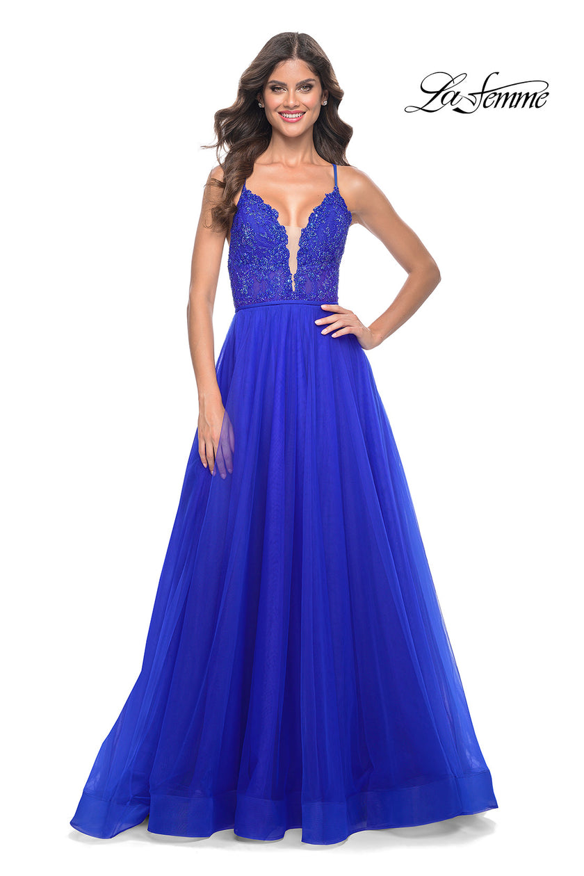 Picture of: Illusion Lace Bodice A-Line Tulle Prom Dress with Slit in Royal Blue, Style: 32059, Detail Picture 4