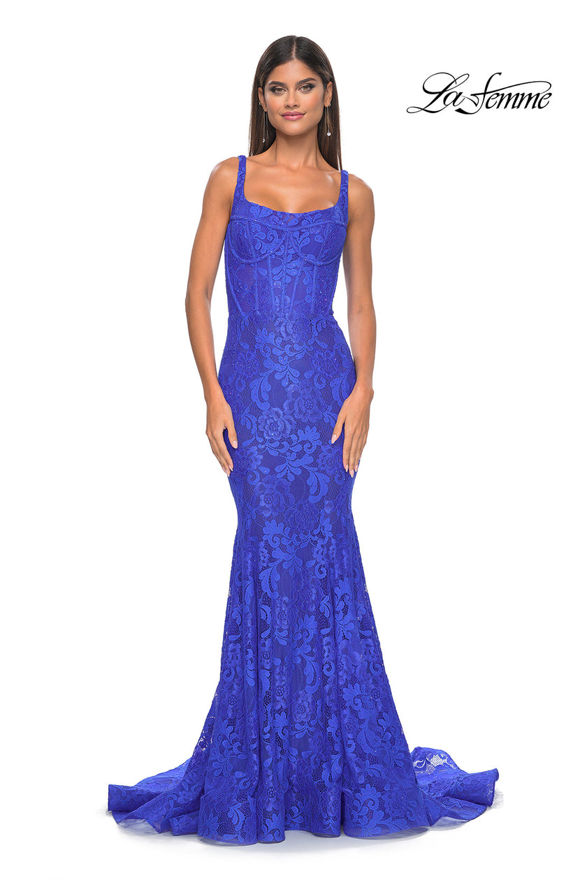 Picture of: Mermaid Stretch Lace Gown with Corset Top in Royal Blue, Style: 32420, Detail Picture 4