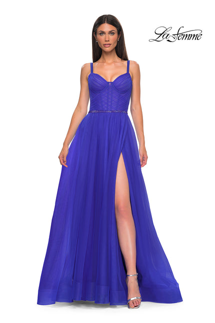 Picture of: A-line Prom Dress with Tulle Skirt and Rhinestone Belt in Royal Blue, Style 32656, Detail Picture 4