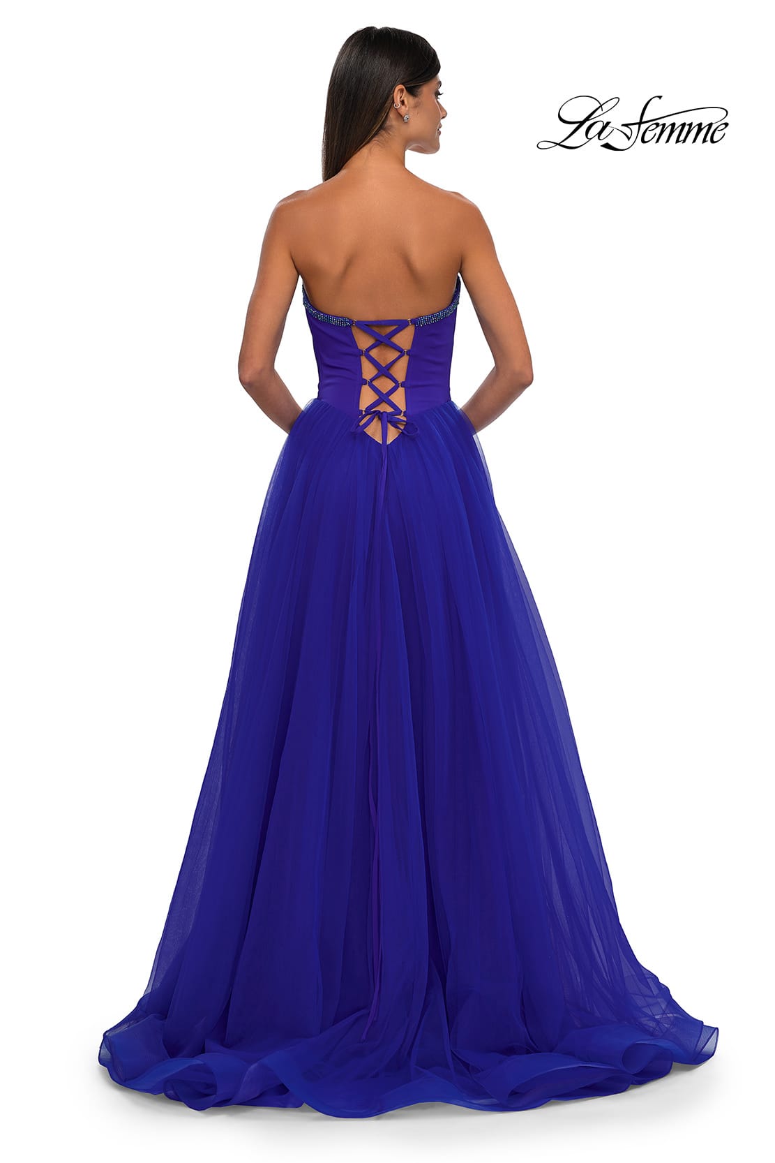Picture of: A-line Tulle Dress with Satin Top and Rhinestone Neckline in Royal Blue, Style: 32731, Detail Picture 4