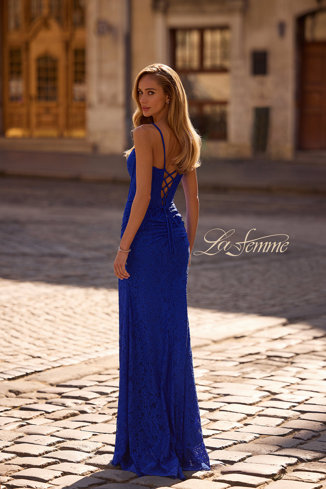 Picture of: Stretch Lace Prom Dress with Scoop Neck and Lace Up Back in Royal Blue, Style 33036, Detail Picture 4
