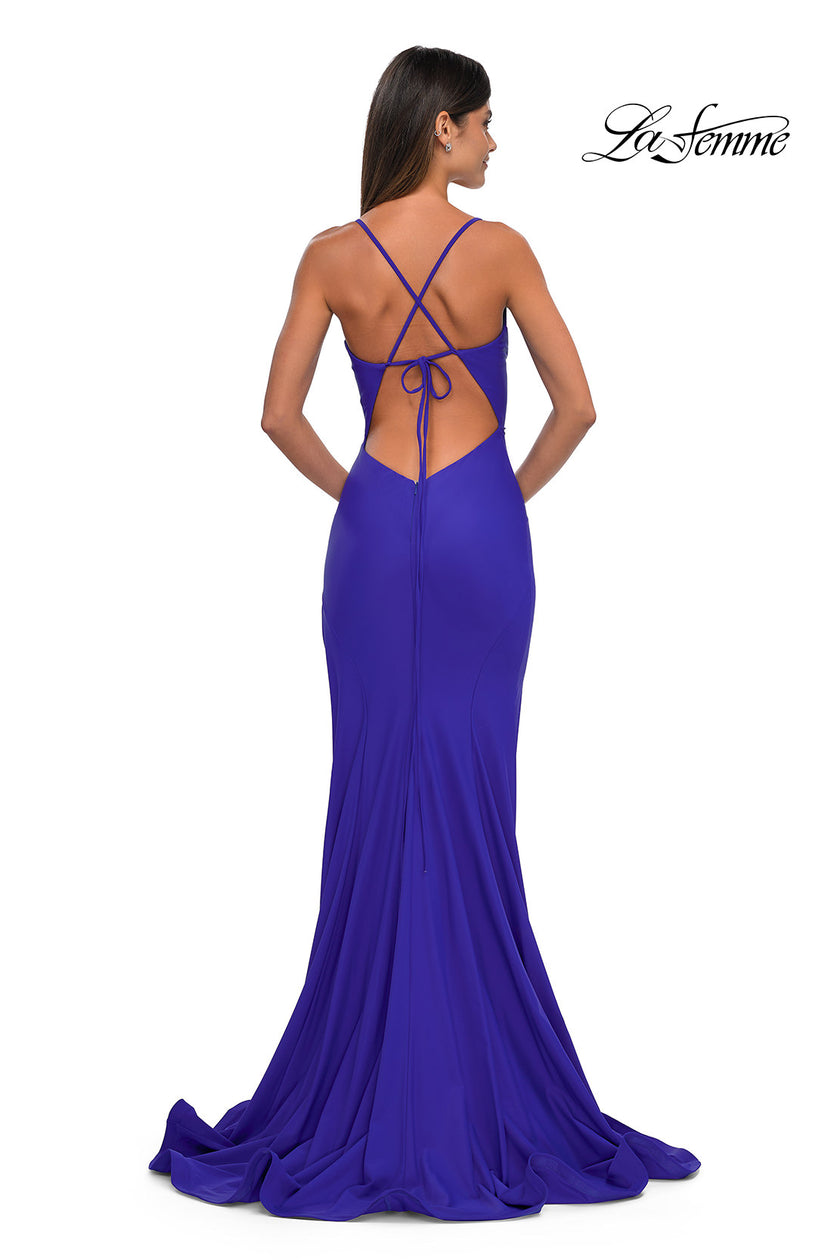 Picture of: Fitted Jersey Prom Dress with High Side Slit in Royal Blue, Style: 33080, Detail Picture 4