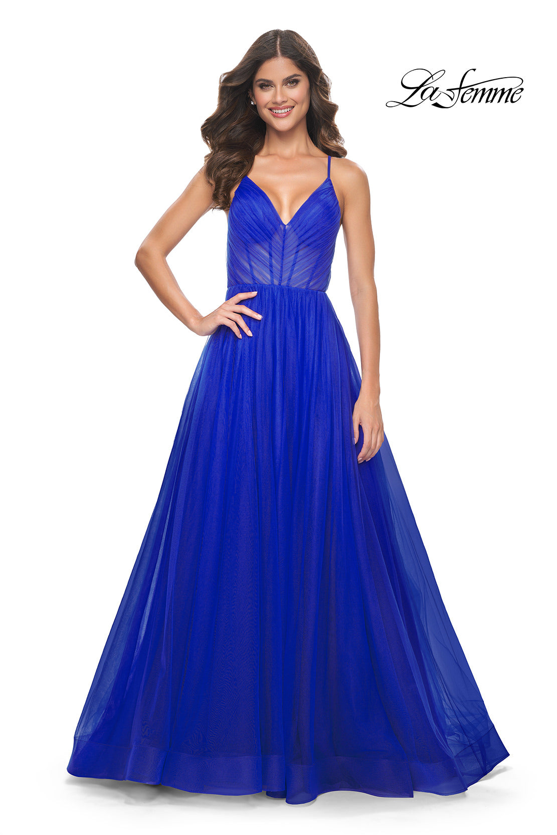 Picture of: A-Line Prom Dress with Illusion Ruched Bodice in Royal Blue, Style: 31457, Detail Picture 5