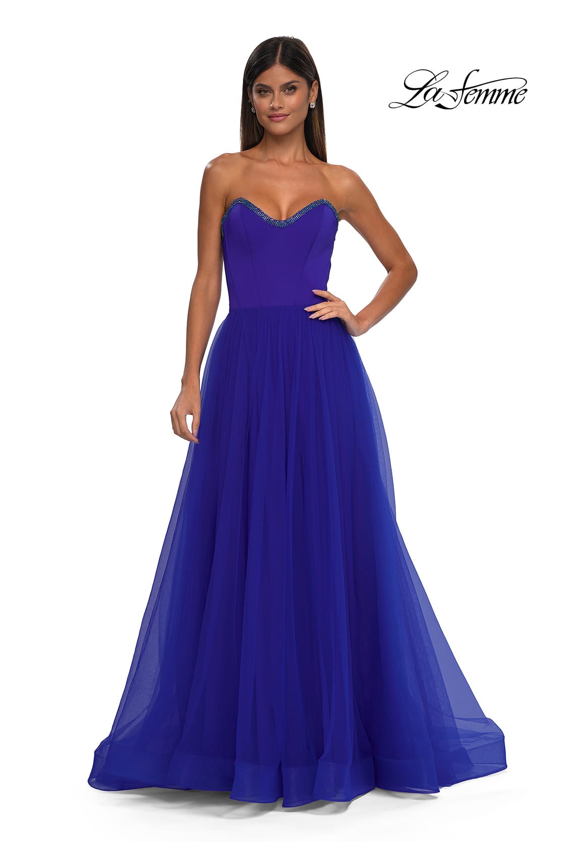 Picture of: A-line Tulle Dress with Satin Top and Rhinestone Neckline in Royal Blue, Style: 32731, Detail Picture 5
