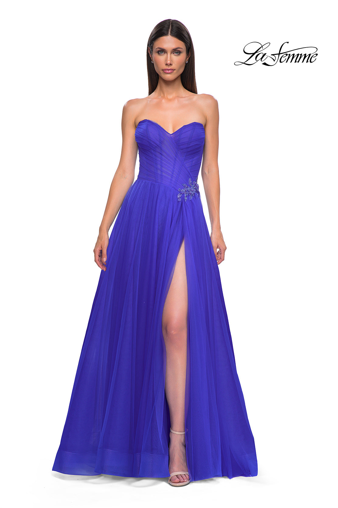 Picture of: Strapless A-line Tulle Dress with Floral Waist Detail in Royal Blue, Style 32789, Detail Picture 5