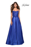 Picture of: Long Mikado Gown with Lace Bust and Open Back in Royal Blue, Style: 27222, Detail Picture 6