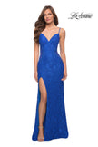 Picture of: Sleek Lace Long Dress with Sheer Sides and Open Back in Royal Blue, Style 29694, Detail Picture 6