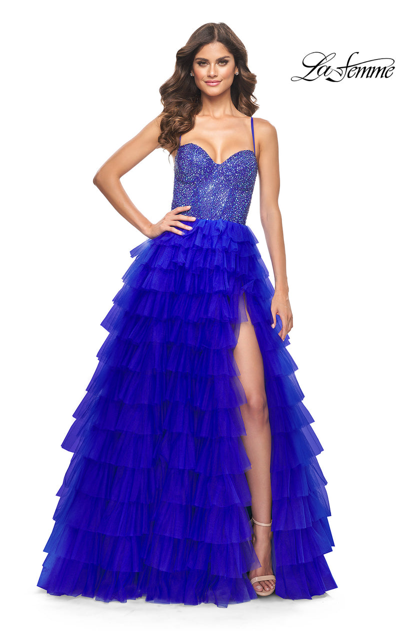 Picture of: Tiered Ruffle Tulle Prom Dress with Rhinestone Embellished Bodice in Royal Blue, Style: 32002, Detail Picture 6