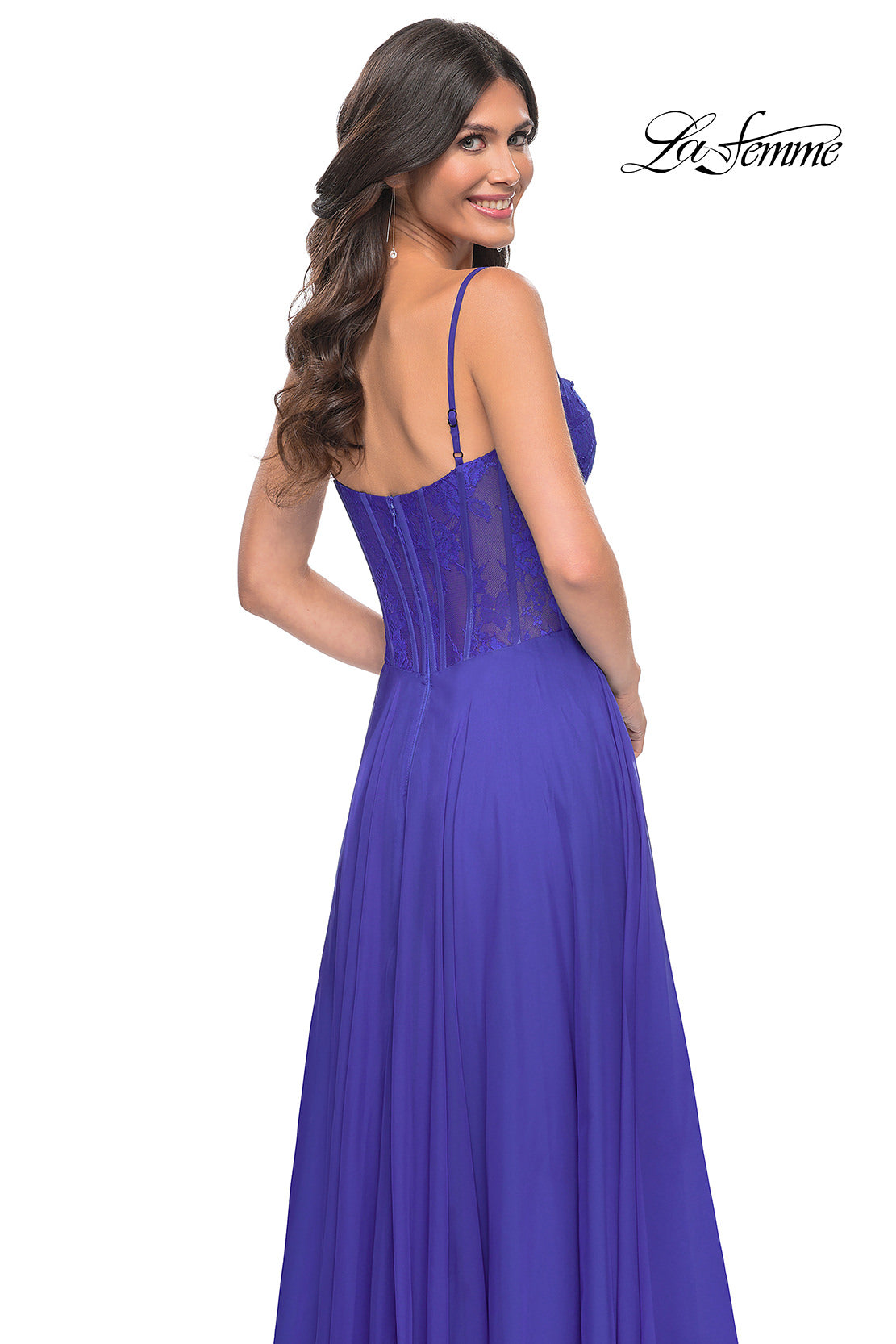 Picture of: Chiffon and Lace Gown with Bustier Top in Blue, Style: 32276, Detail Picture 6