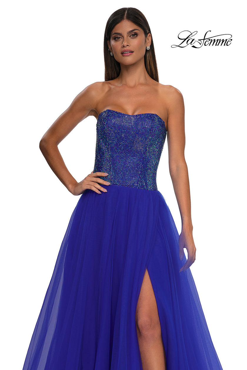 Picture of: Strapless A-line Dress with Full Rhinestone Top in Royal Blue, Style: 32690, Detail Picture 6