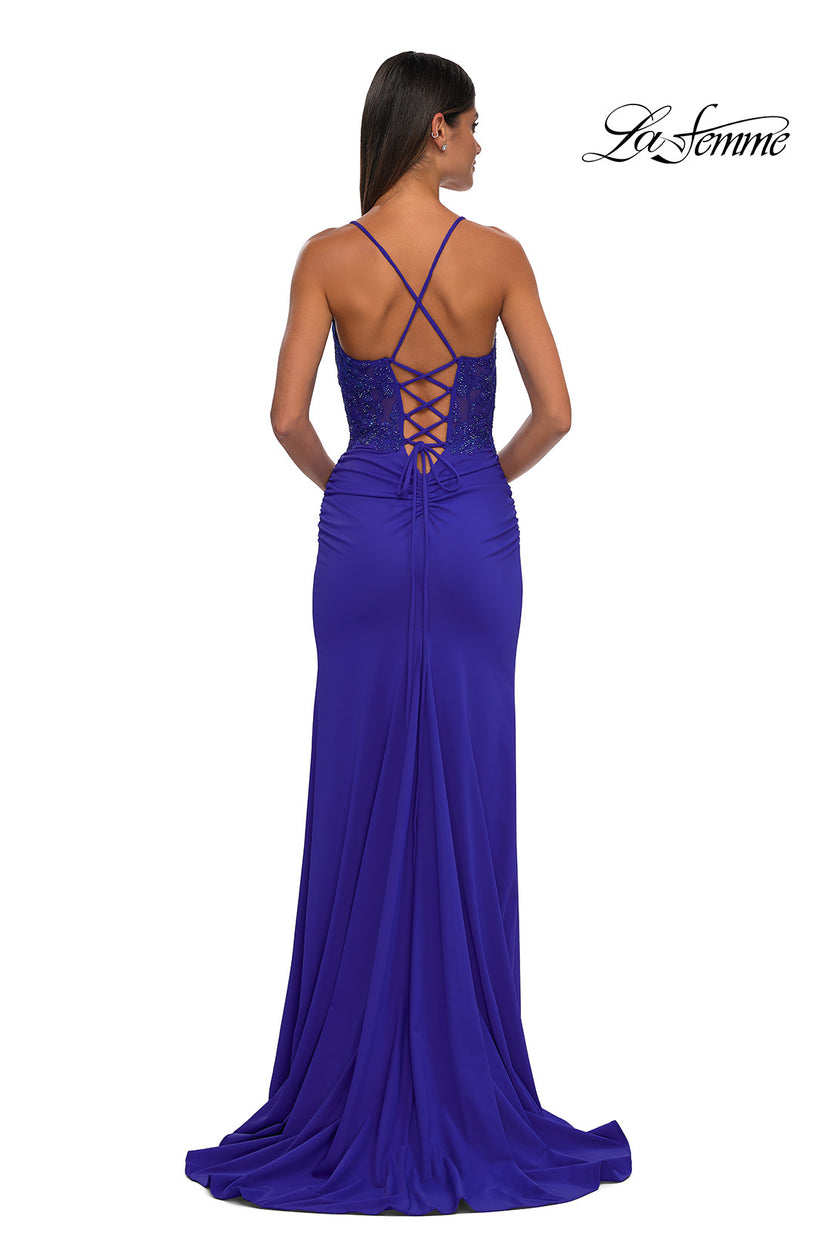 Picture of: Lace and Ruched Jersey Prom Dress with Deep V Neckline in Royal Blue, Style: 33001, Detail Picture 6