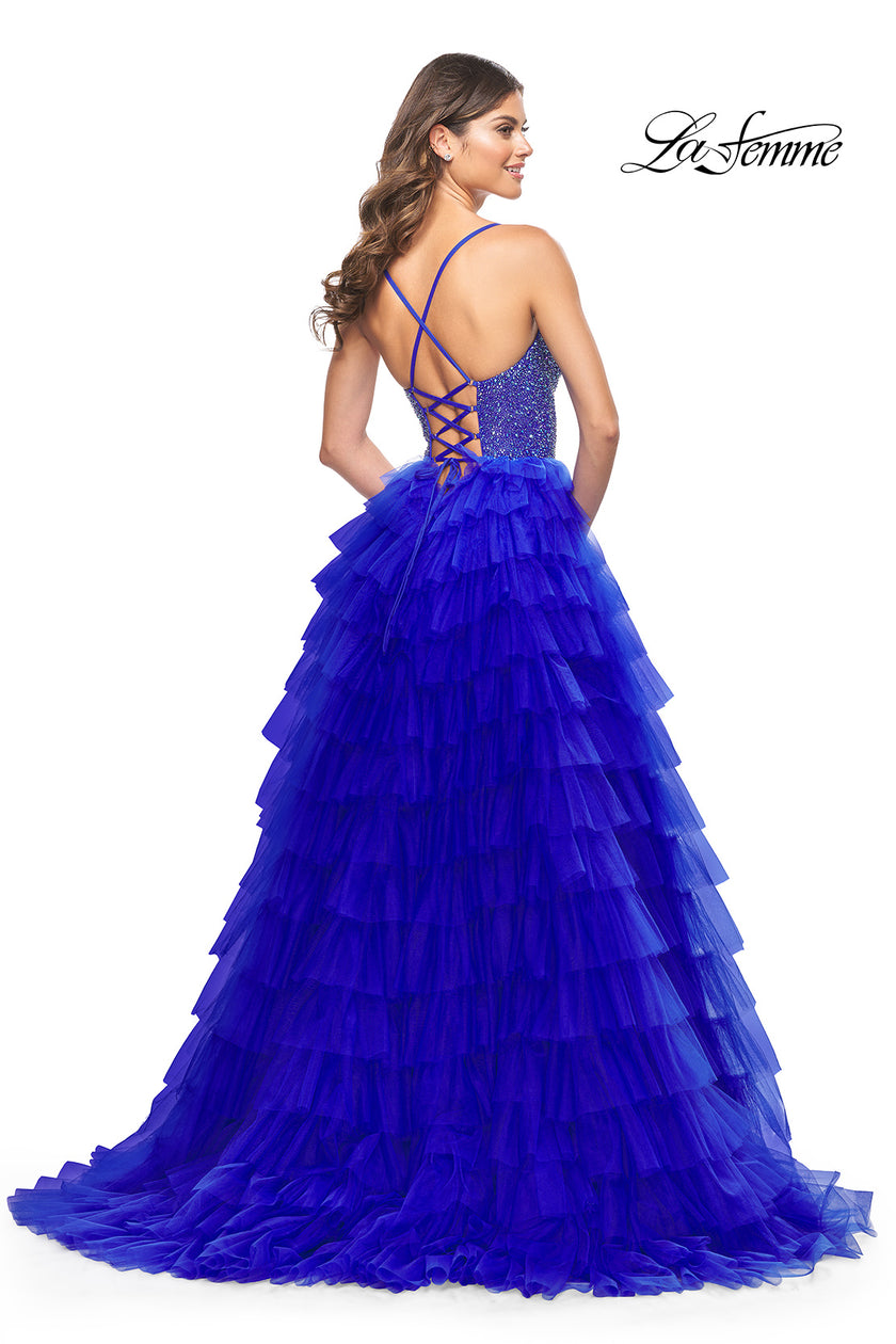 Picture of: Tiered Ruffle Tulle Prom Dress with Rhinestone Embellished Bodice in Royal Blue, Style: 32002, Detail Picture 7