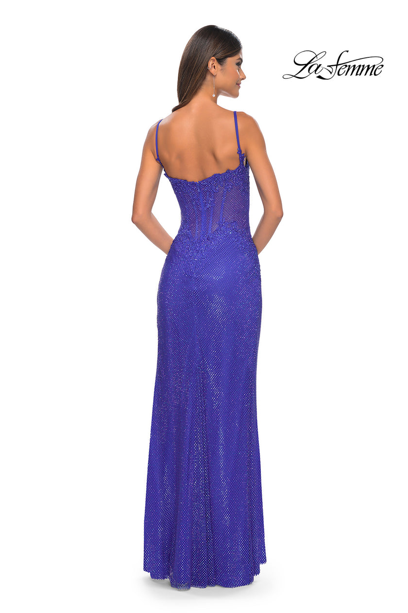 Picture of: Rhinestone Embellished Fishnet Dress with Lace Details in Royal Blue, Style: 32409, Detail Picture 7