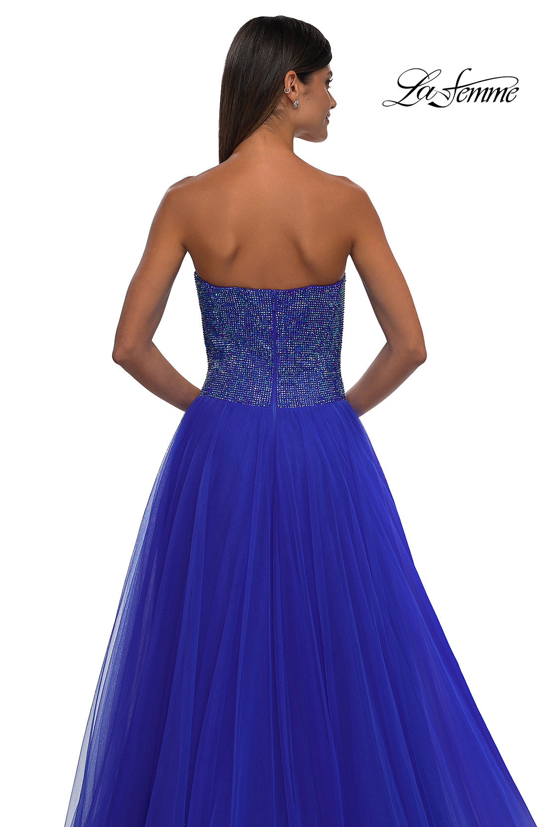 Picture of: Strapless A-line Dress with Full Rhinestone Top in Royal Blue, Style: 32690, Detail Picture 7